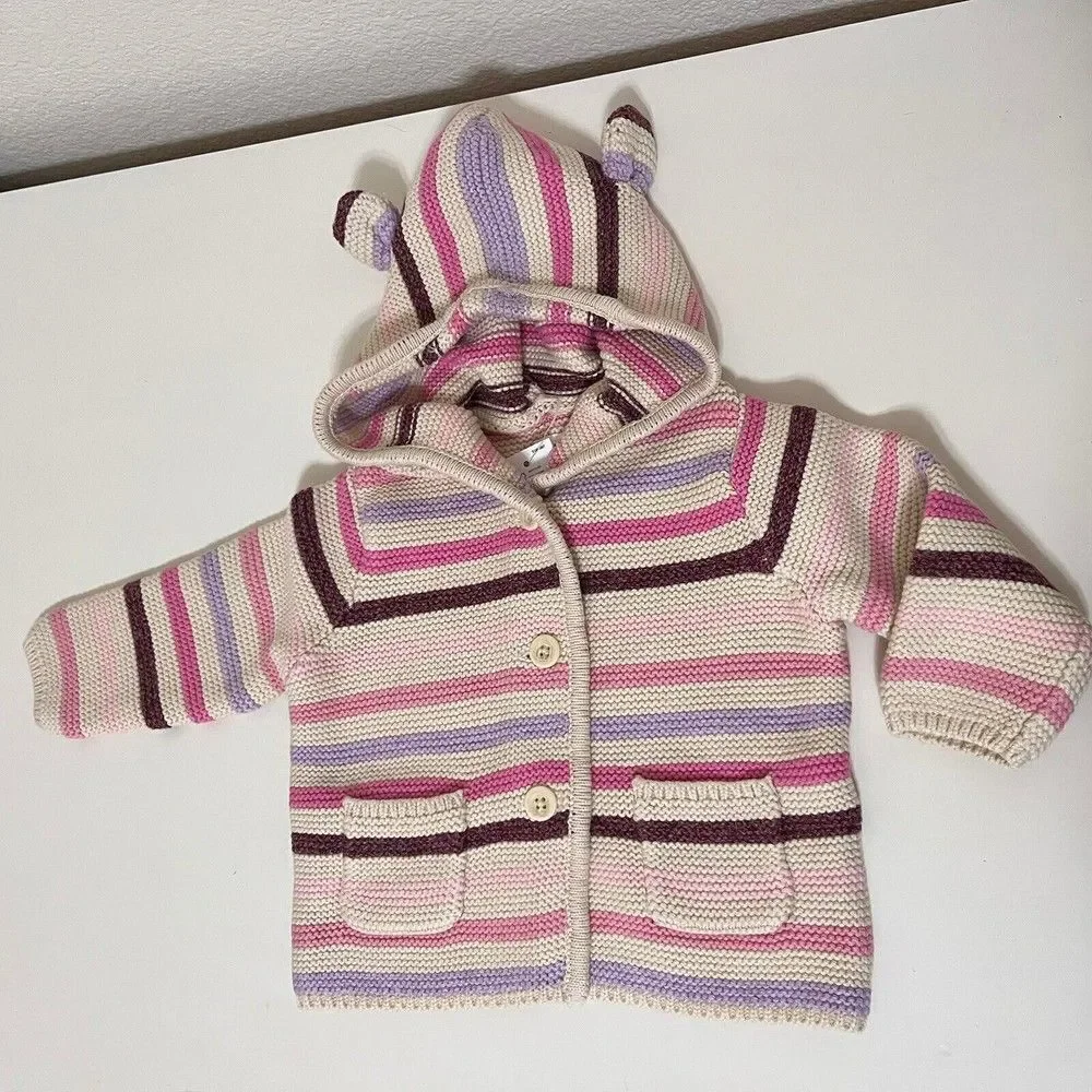 Baby Gap Garter Sweater Cardigan Pink Purple Striped Girls Size 3-6 Months NWT